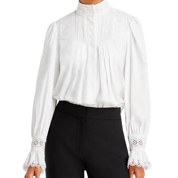 Rebecca Taylor Poplin Lace Trim Top - Picture 1 of 12